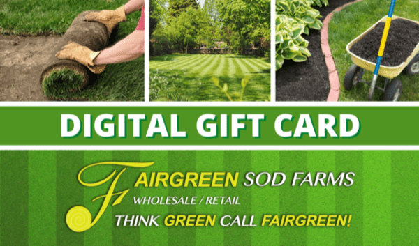 Gift card featuring Fairgreen Sod Farms branding, with images of sod installation, a lush lawn, and gardening tools, emphasizing a green theme.