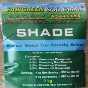 Package of Fairgreen Sod Farms shade grass seed, labeled for shady areas, with seed mix and coverage details. Promotes greenery with contact information.