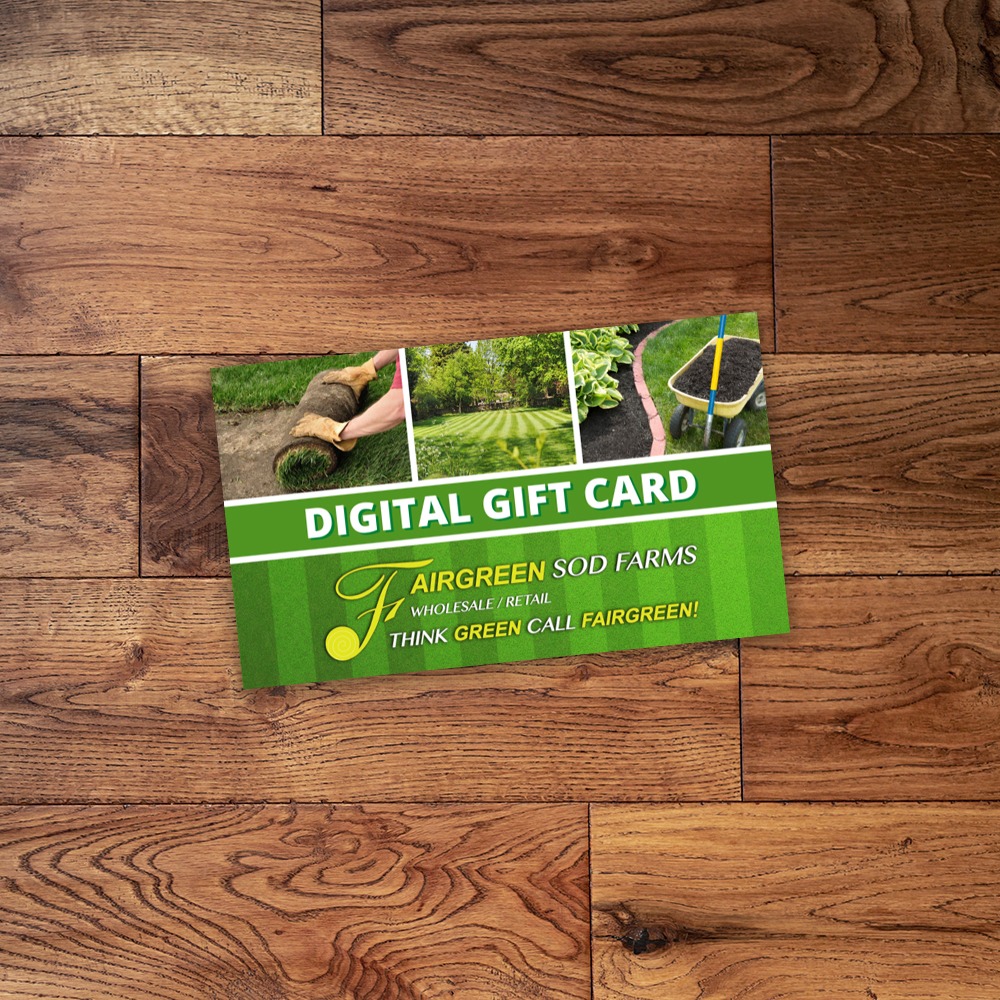 Digital gift card for Fairgreen Sod Farms on a wooden floor, featuring lawn and gardening imagery. Promotional message emphasizes green initiatives.