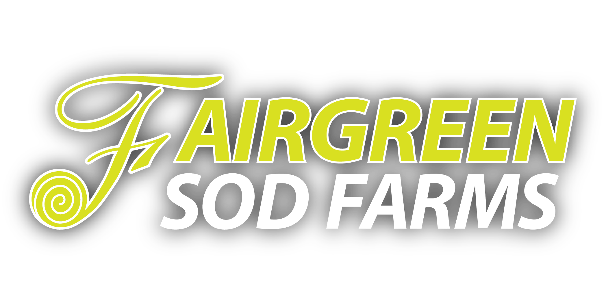 The image shows the logo of "Fairgreen Sod Farms" with stylized text, featuring a green spiral design on a black background.