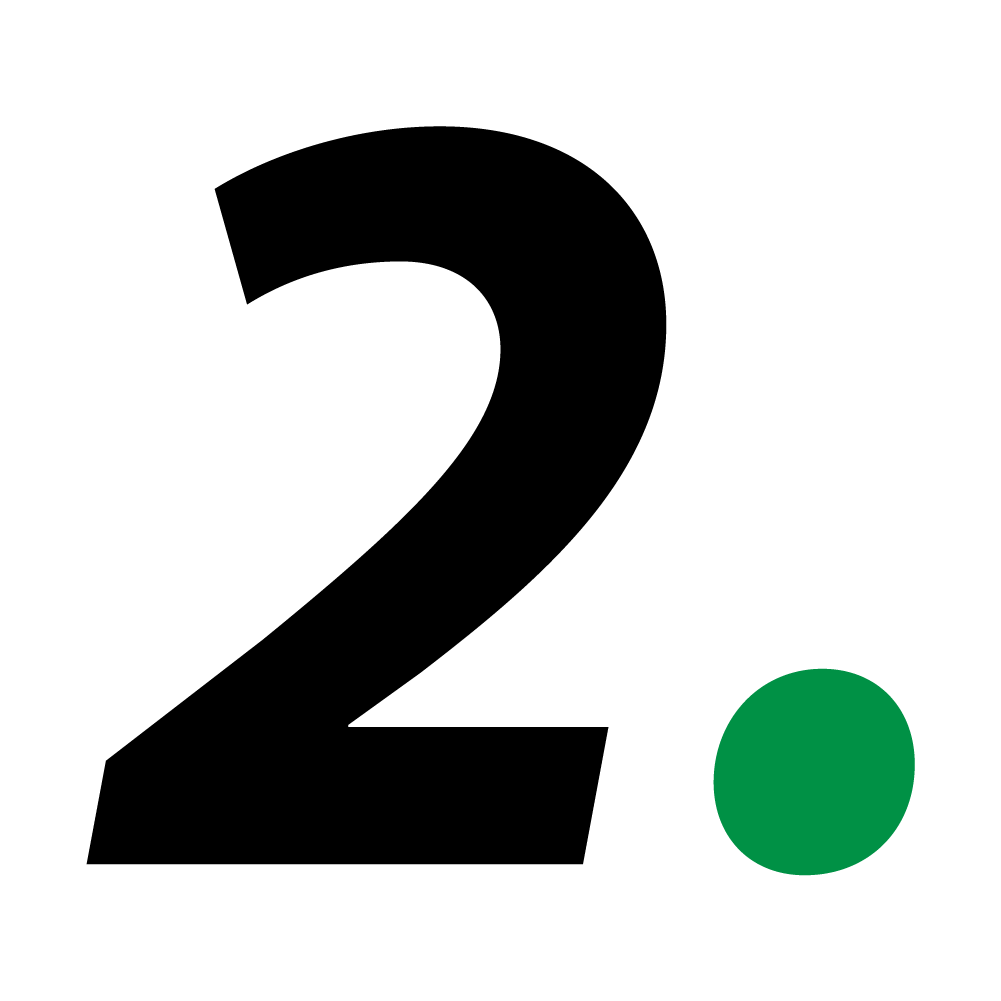 Black number two with a green dot on a white background, symbolizing a simple, modern design without additional context or landmarks.