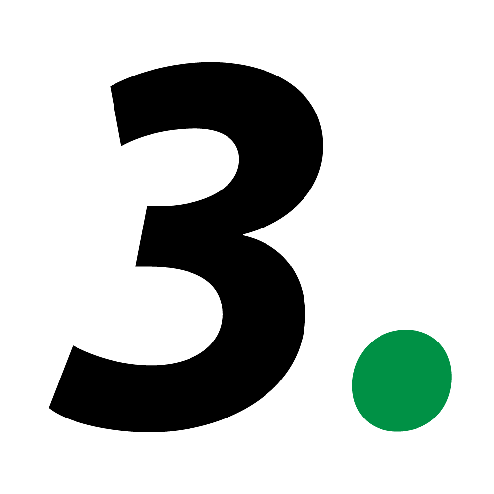 There is a large black number three with a small green dot underneath on a white background.