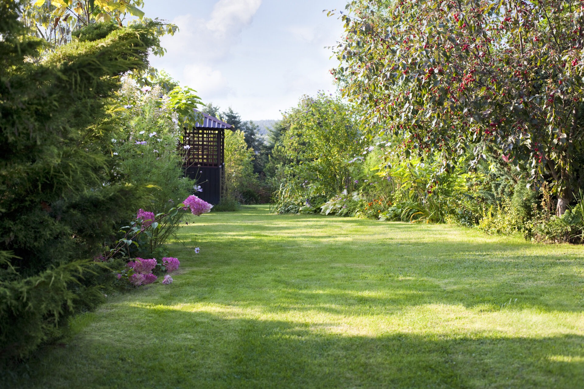 A lush garden with blooming flowers and green grass, featuring a wooden gazebo amid trees under a clear blue sky.