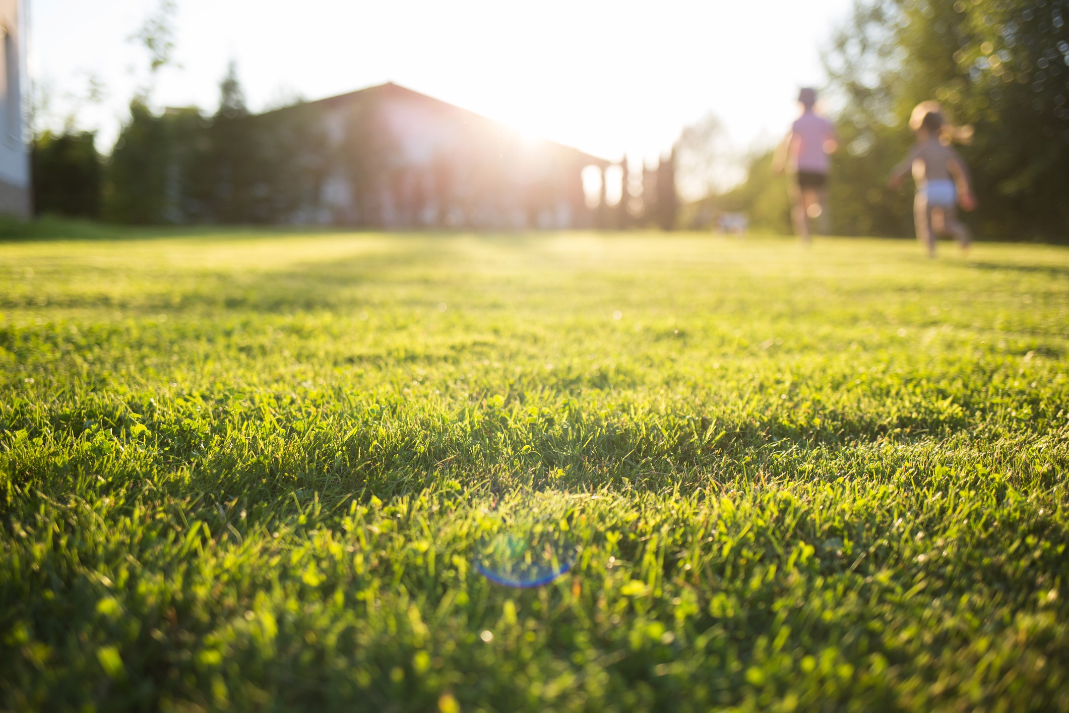 Bright sunlight over a green lawn with two children running towards a distant building, trees in the background, creating a serene scene.