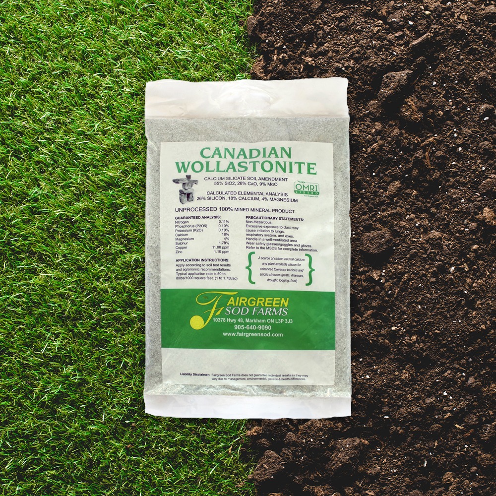 A bag of Canadian Wollastonite lies between a patch of green grass and soil, showcasing a natural soil amendment product.