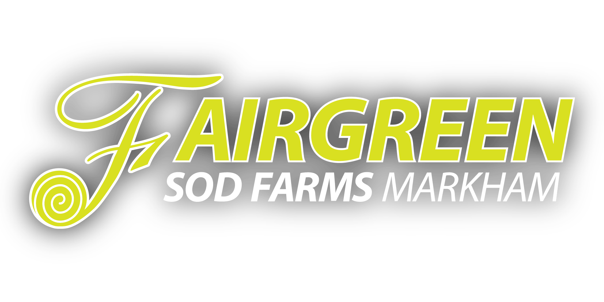 Logo with green and white text: "Fairgreen Sod Farms Markham" on a black background, featuring a spiral design element.