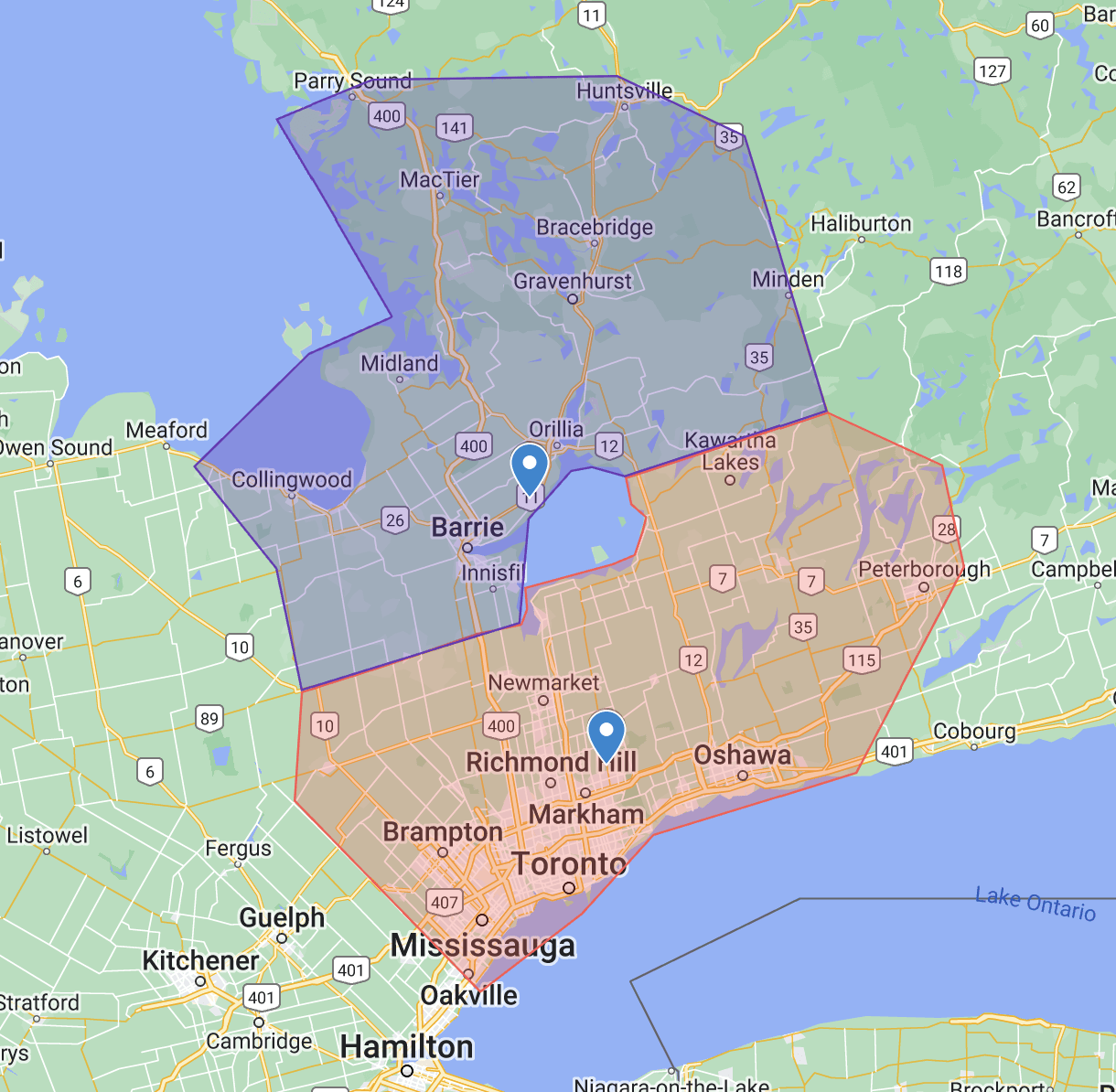 Map of Southern Ontario highlighting regions around Toronto, Barrie, and Kawartha Lakes with major roads and bodies of water visible.