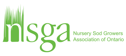 The "Nursery Sod Growers Association of Ontario" logo is green, featuring stylized grass blades and the acronym "nsga" prominently displayed.