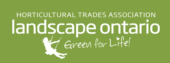 Green logo for Landscape Ontario, Horticultural Trades Association. Features silhouette of a person on a swing and the slogan "Green for Life!"