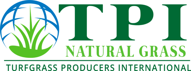 Logo for TPI Natural Grass, Turfgrass Producers International, features stylized grass within a globe. Green and blue colors dominate the design.