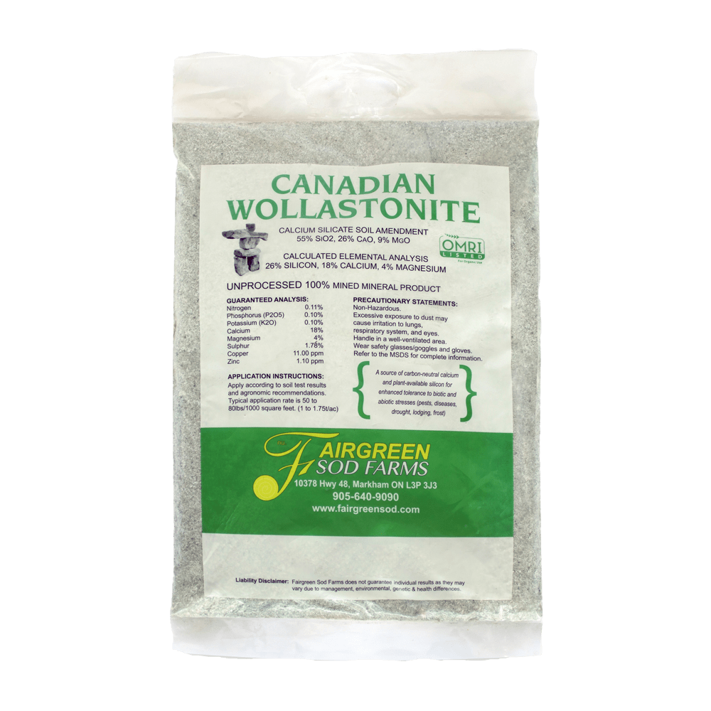 A sealed bag of Canadian Wollastonite, a calcium silicate soil amendment, from Fairgreen Sod Farms with product details and usage instructions.