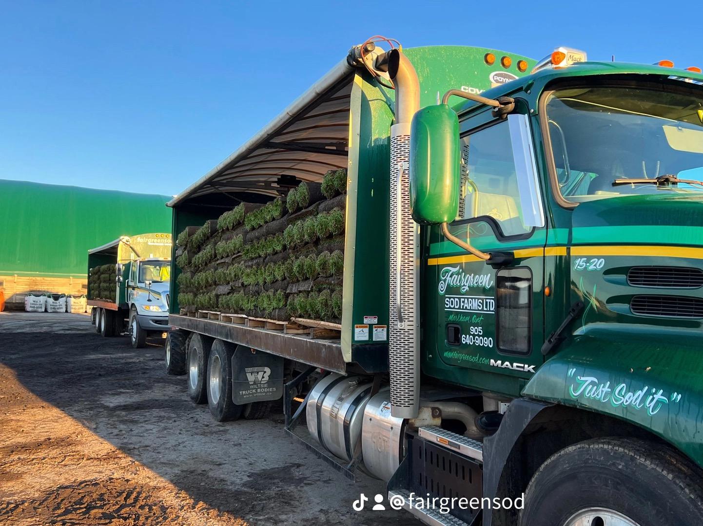 A truck loaded with stacked rolls of freshly cut sod parked at a farm, with another sod truck in the background and a clear blue sky overhead; branding for Fairgreen Sod Farms is visible on the truck.